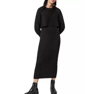 AllSaints Margot Crew Neck Black Ribbed Knit Sweater Midi Dress Women's Size Med